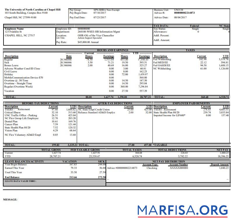 Blank University of North Carolina pay stub real example